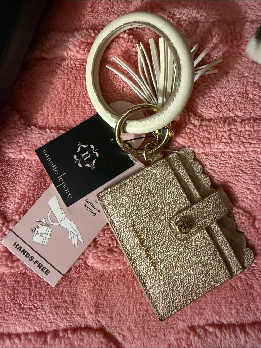NWT Nanette Lepore Metallic Gold Scallop Cardholder with Cream Wrist Ring